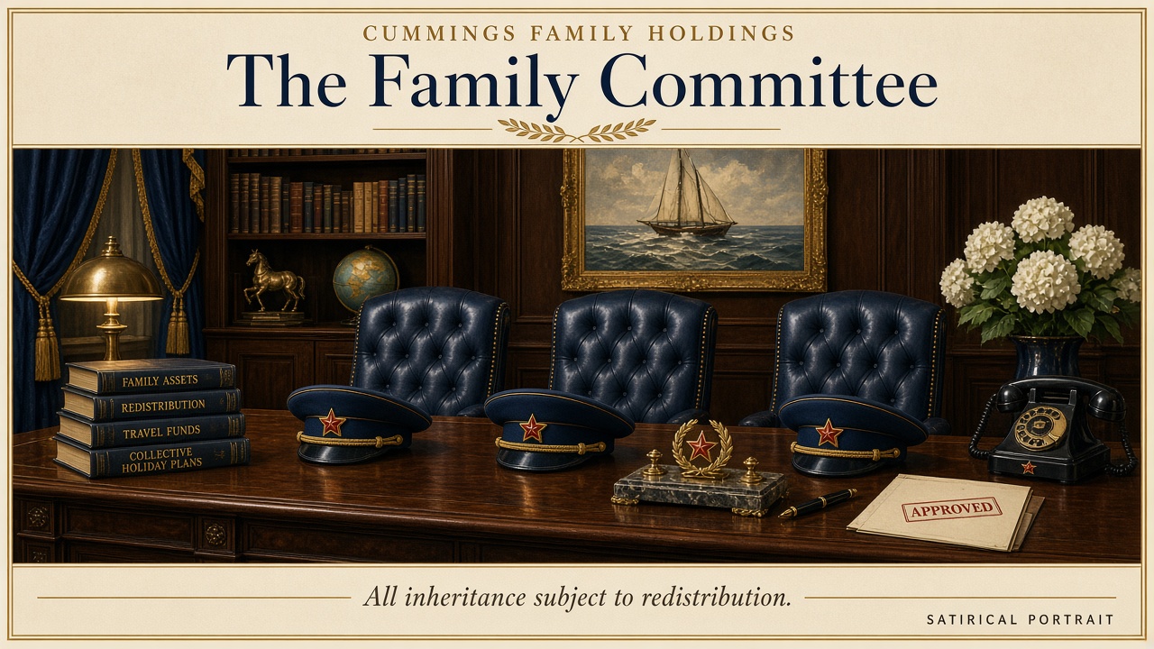 Satirical poster: The Family Committee. Three empty leather chairs behind a desk, each with a marshal's cap resting in front. Caption: All inheritance subject to redistribution.